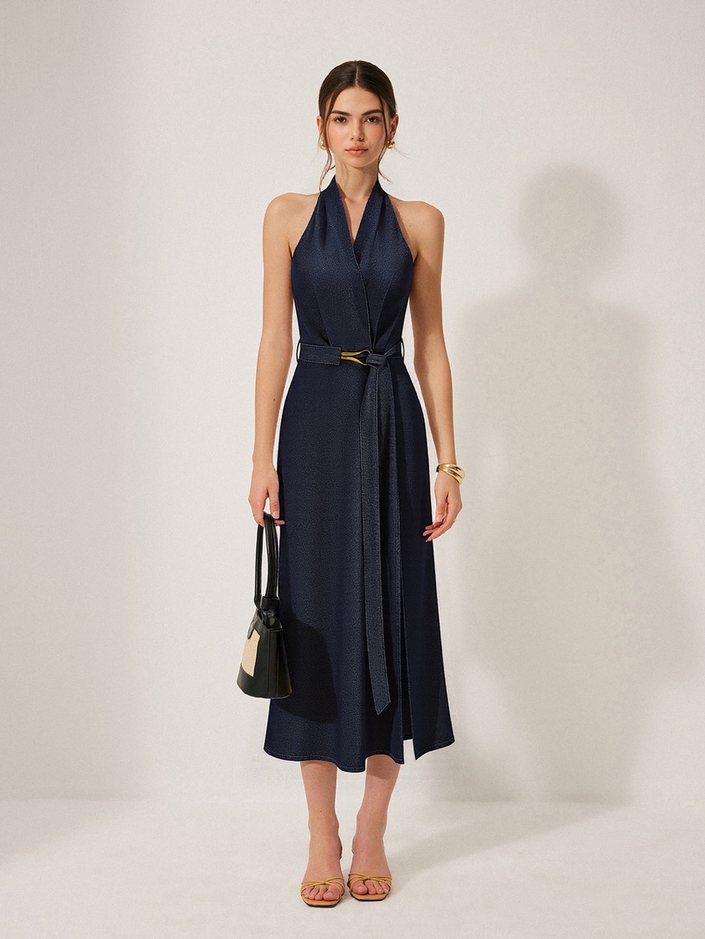 Commense Navy Halter Midi Dress with Waist Tie
